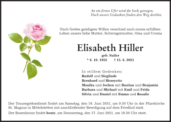Traueranzeige von Elisabeth Hiller von Schwabmünchner Allgemeine