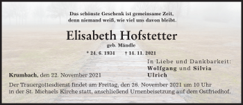 Traueranzeige von Elisabeth Hofstetter von Mittelschwäbische Nachrichten