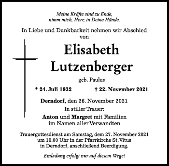 Traueranzeige von Elisabeth Lutzenberger von Mindelheimer Zeitung