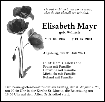 Traueranzeige von Elisabeth Mayr von Augsburger Allgemeine