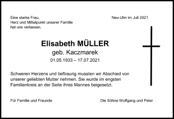 Traueranzeige von Elisabeth Müller von Neu-Ulmer Zeitung