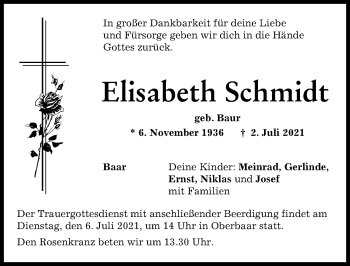 Traueranzeige von Elisabeth Schmidt von Aichacher Nachrichten