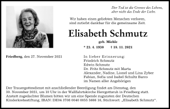 Traueranzeige von Elisabeth Schmutz von Augsburger Allgemeine