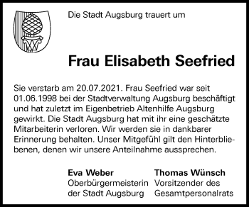 Traueranzeige von Elisabeth Seefried von Augsburger Allgemeine