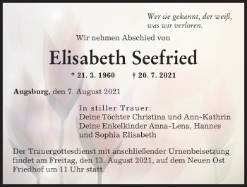Traueranzeige von Elisabeth Seefried von Augsburger Allgemeine