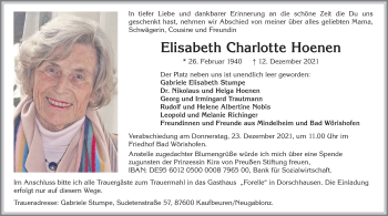 Traueranzeige von Elisabeth Charlotte Hoenen von Mindelheimer Zeitung