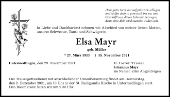 Traueranzeige von Elsa Mayr von Donau Zeitung