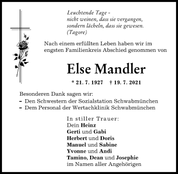 Traueranzeige von Else Mandler von Schwabmünchner Allgemeine