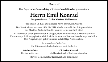 Traueranzeige von Emil Konrad von Mittelschwäbische Nachrichten, Günzburger Zeitung
