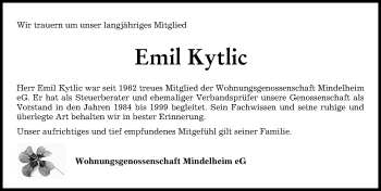 Traueranzeige von Emil Kytlic von Mindelheimer Zeitung