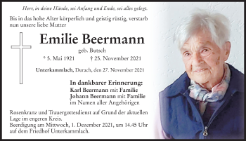 Traueranzeige von Emilie Beermann von Mindelheimer Zeitung