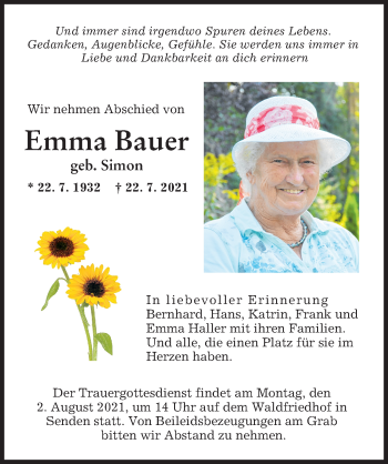 Traueranzeige von Emma Bauer von Neu-Ulmer Zeitung
