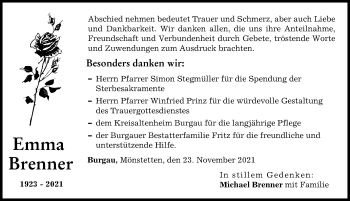 Traueranzeige von Emma Brenner von Günzburger Zeitung