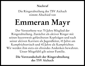 Traueranzeige von Emmeran Mayr von Aichacher Nachrichten