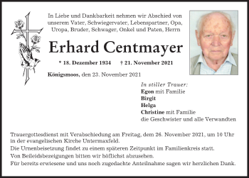 Traueranzeige von Erhard Centmayer von Neuburger Rundschau