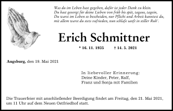 Traueranzeige von Erich Schmittner von Augsburger Allgemeine