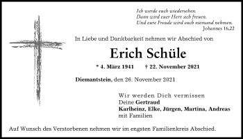Traueranzeige von Erich Schüle von Donau Zeitung