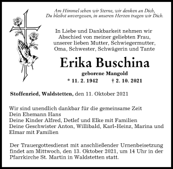 Traueranzeige von Erika Buschina von Mittelschwäbische Nachrichten