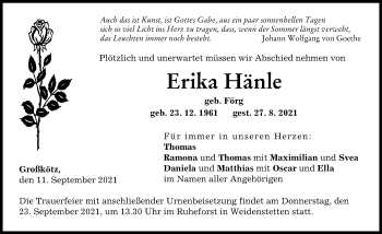 Traueranzeige von Erika Hänle von Günzburger Zeitung