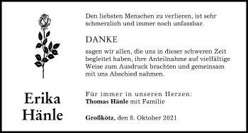 Traueranzeige von Erika Hänle von Günzburger Zeitung