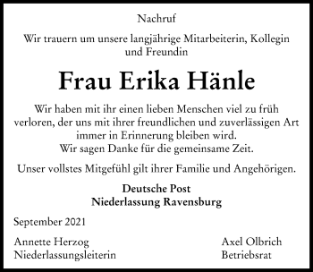 Traueranzeige von Erika Hänle von Günzburger Zeitung
