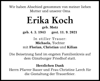 Traueranzeige von Erika Koch von Günzburger Zeitung
