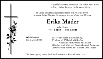 Traueranzeige von Erika Mader von Günzburger Zeitung