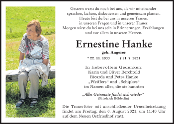 Traueranzeige von Ernestine Hanke von Augsburger Allgemeine