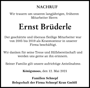 Traueranzeige von Ernst Brüderle von Neuburger Rundschau