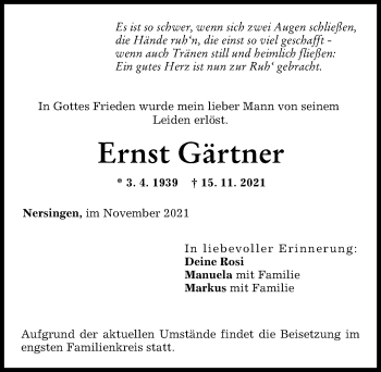 Traueranzeigen von Ernst Gärtner Allgäuer Zeitung
