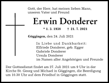 Traueranzeige von Erwin Donderer von Augsburger Allgemeine