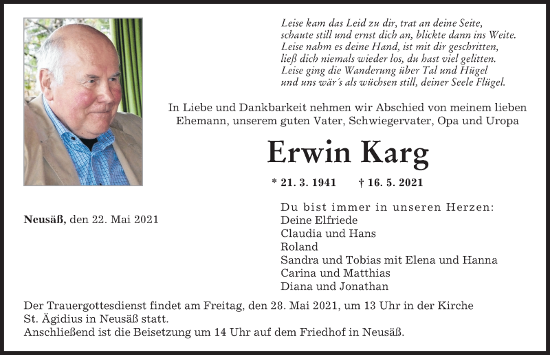  Traueranzeige für Erwin Karg vom 22.05.2021 aus Augsburger Allgemeine