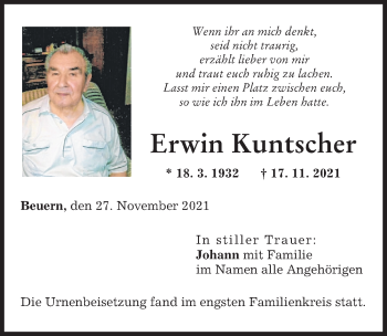 Traueranzeige von Erwin Kuntscher von Landsberger Tagblatt