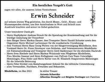 Traueranzeige von Erwin Schneider von Mindelheimer Zeitung