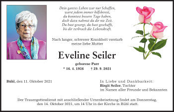 Traueranzeige von Eveline Seiler von Günzburger Zeitung, Neu-Ulmer Zeitung