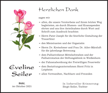 Traueranzeige von Eveline Seiler von Günzburger Zeitung, Neu-Ulmer Zeitung