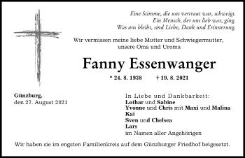 Traueranzeige von Fanny Essenwanger von Günzburger Zeitung