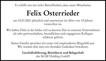 Traueranzeige von Felix Osterrieder von Donauwörther Zeitung, Rieser Nachrichten