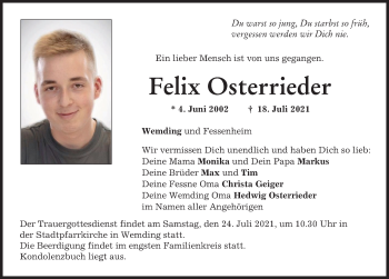 Traueranzeige von Felix Osterrieder von Rieser Nachrichten, Donauwörther Zeitung
