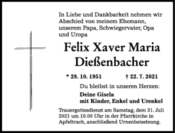 Traueranzeige von Felix Xaver Maria Dießenbacher von Schwabmünchner Allgemeine