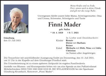 Traueranzeige von Finni Mader von Günzburger Zeitung