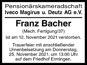 Traueranzeige von Franz Bacher von Illertisser Zeitung, Günzburger Zeitung, Neu-Ulmer Zeitung