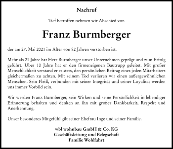Traueranzeige von Franz Burmberger von Landsberger Tagblatt