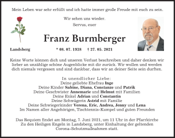 Traueranzeige von Franz Burmberger von Landsberger Tagblatt
