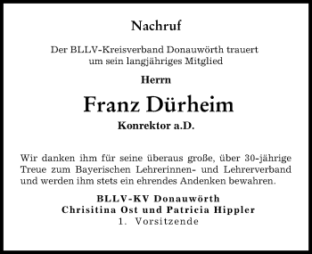 Traueranzeige von Franz Dürheim von Donauwörther Zeitung