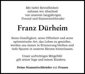 Traueranzeige von Franz Dürheim von Donauwörther Zeitung