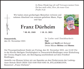 Traueranzeige von Franz Dürheim von Donauwörther Zeitung