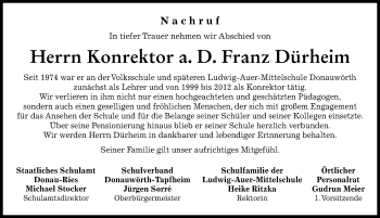 Traueranzeige von Franz Dürheim von Donauwörther Zeitung
