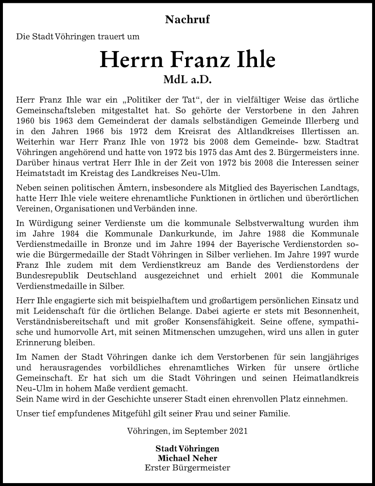  Traueranzeige für Franz Ihle vom 25.09.2021 aus Neu-Ulmer Zeitung, Illertisser Zeitung