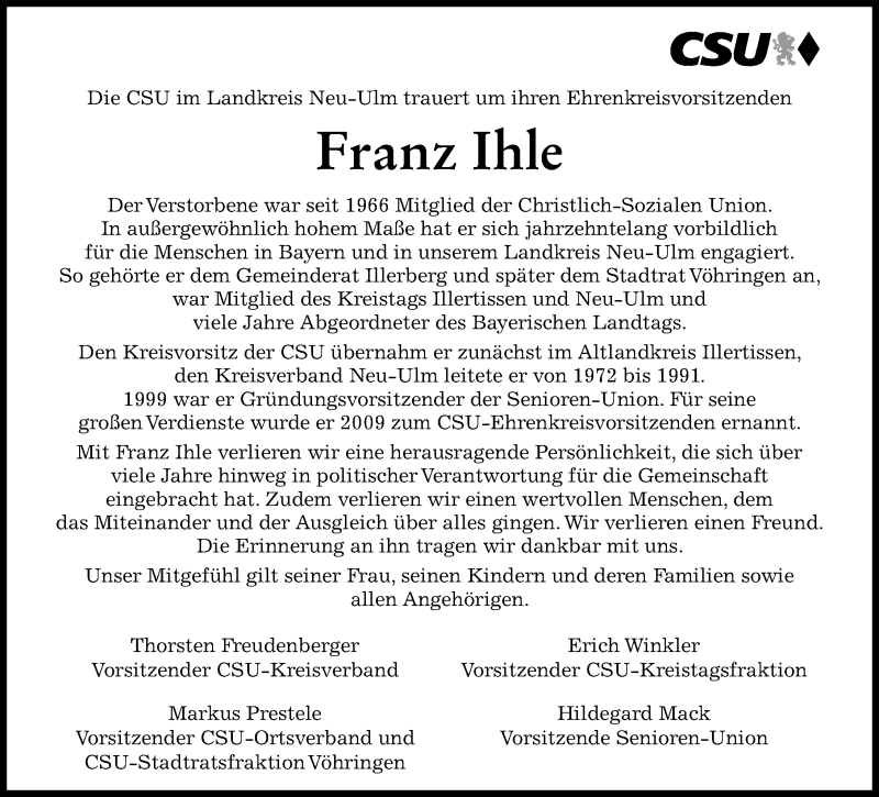  Traueranzeige für Franz Ihle vom 25.09.2021 aus Illertisser Zeitung, Neu-Ulmer Zeitung